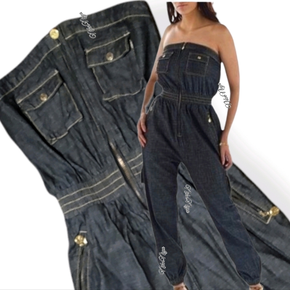 Y2K!💥Baby Phat🤎Strapless Zip-up, Cargo Denim Romper, Size 1(Runs Big)